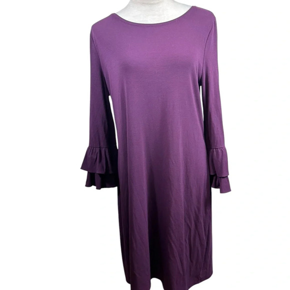 White House Black Market purple dress with double ruffle sleeves size large - Picture 2 of 10